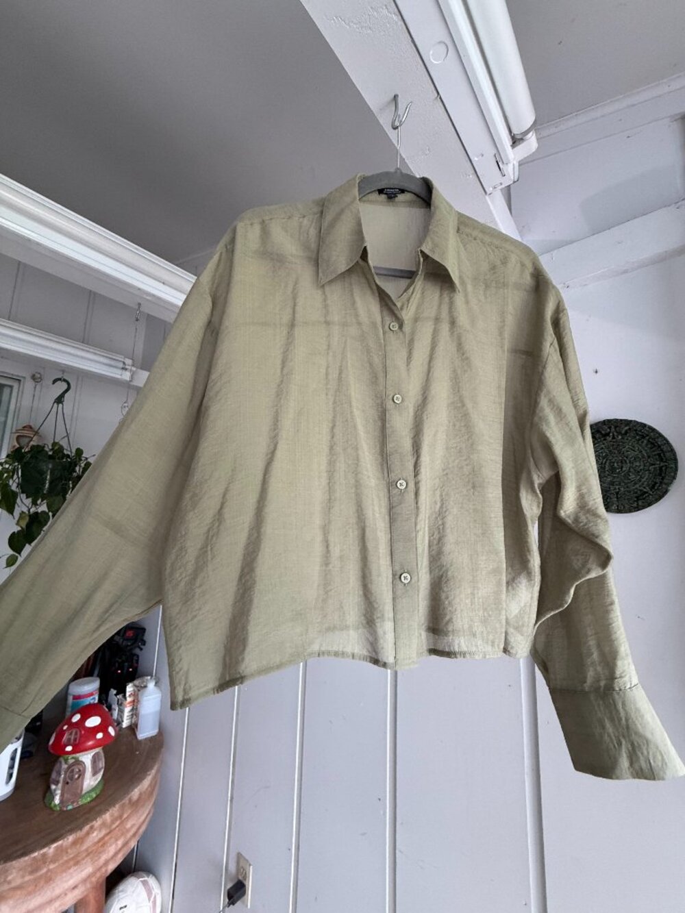 Express Boyfriend Portofino Shirt Medium Olive Green Rayon Blend NWOT